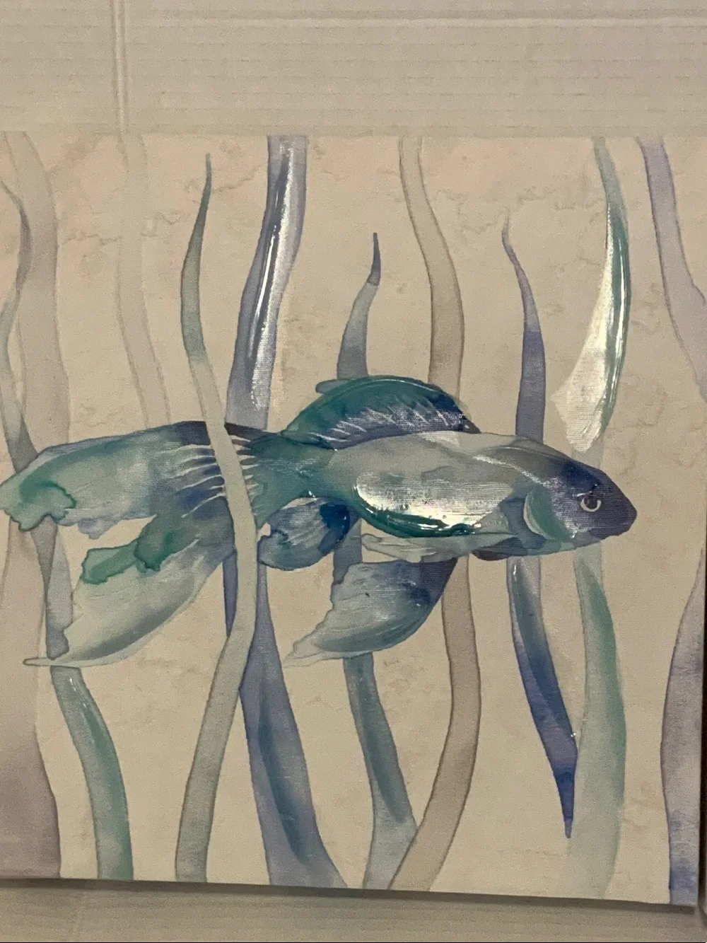 Blue Textured Watercolor Fish Canvas Pair 12”x12”. Shiny texture accents.